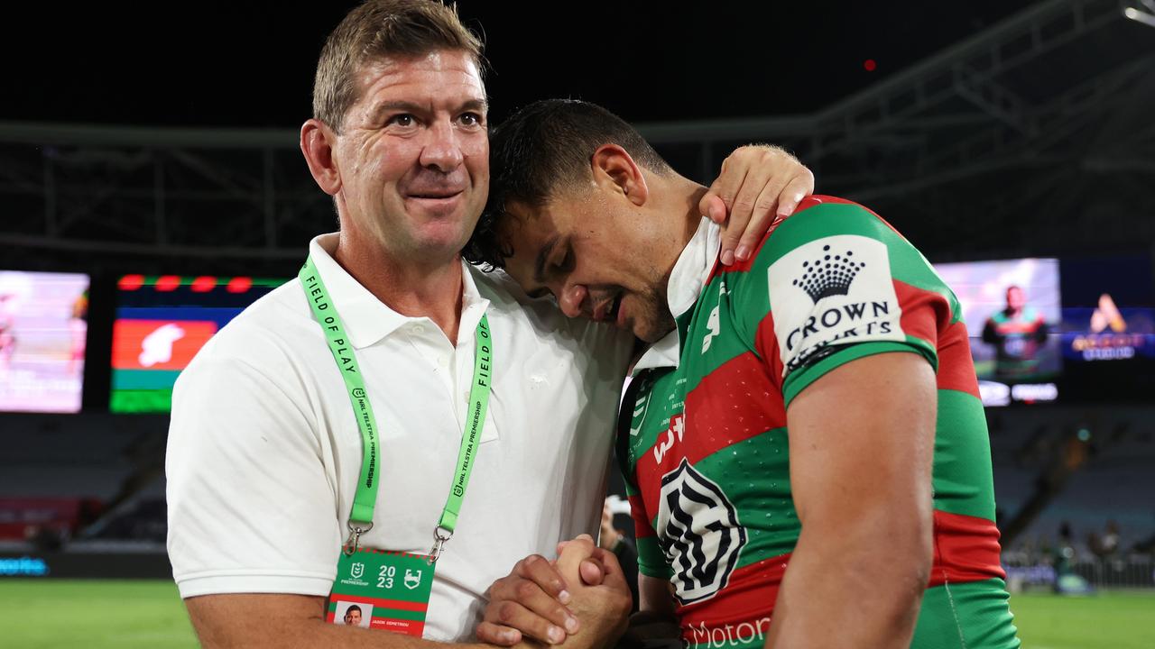 SYDNEY, AUSTRALIA - MARCH 25: Latrell Mitchell of the Rabbitohs celebrates with Rabbitohs head coach Jason Demetriou after victroy during the round four NRL match between South Sydney Rabbitohs and Manly Sea Eagles at Accor Stadium on March 25, 2023 in Sydney, Australia. (Photo by Mark Metcalfe/Getty Images)