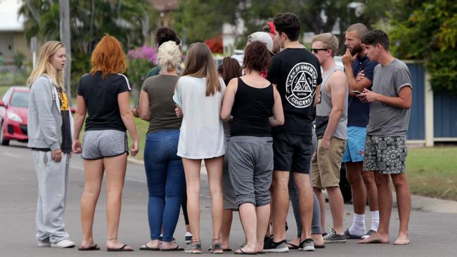 Backpackers in Home Hill gather together in shock the day after the alleged murder of Mia Ayliffe-Chung, 21. Picture: Tim Marsden