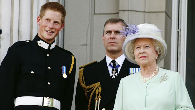 Prince Harry, Prince Andrew and the Queen. Picture: Anwar Hussein/Getty Images.