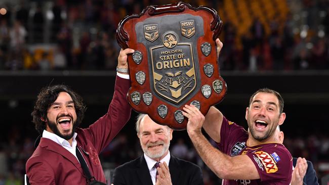 Johnathan Thurston and Cameron Smith celebrate Queensland’s 2017 State of Origin triumph. Picture: AAP