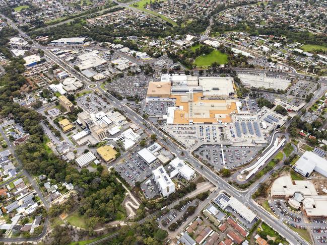 Aerial view of Adelaide’s Westfield Tea Tree Plaza, which is being offered for sale by the AMP Capital Shopping Centre Fund. Picture: Eric Van Staden