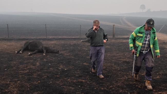 Brothers Bill and John Blair wipe away tears after carrying out the heartbreaking task of shooting some of Bill’s angus cattle that were burned in the bushfire at Corryong, in northeast Victoria near the border with NSW. Picture: Jason Edwards