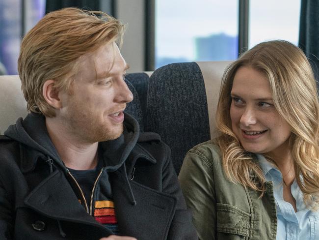 Domhnall Gleeson and Merritt Wever in a scene from the TV series Run. Supplied by Foxtel.