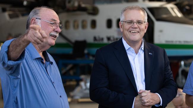 Former Prime Minister Scott Morrison visits Skytek Pty Ltd in Cairns, in Warren Entsch’s electorate of Leichhardt, in April 2022 on the federal campaign trail. Picture: Jason Edwards