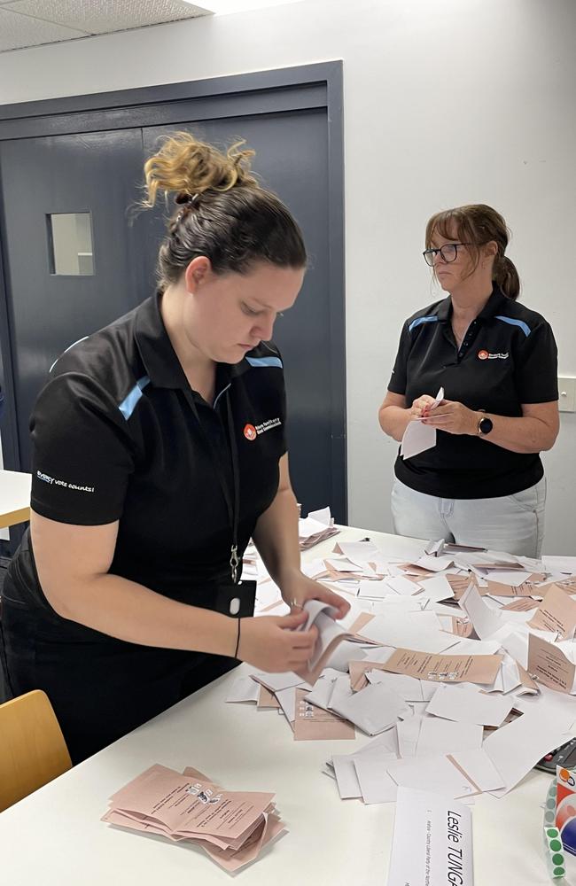 NT Electoral Commission staff, along with scrutineers, spent Saturday night processing the votes of the 2023 Arafura by-election. Picture: Annabel Bowles