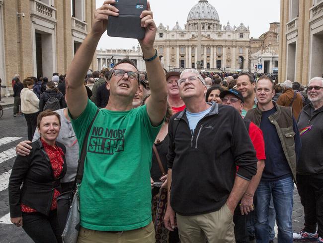 ‘No more silence’ ... Clergy victims in St Peter's Square on the day of the face off with Cardinal Pell in Rome. Picture: Ella Pellegrini.