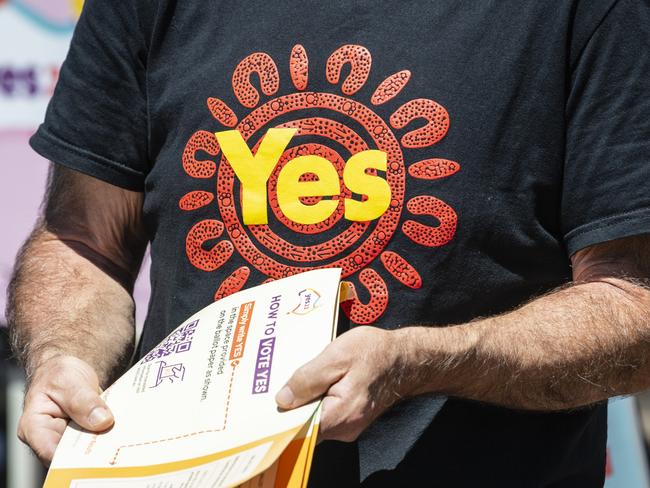 Vote Yes campaign material is seen at the Groom AEC Neil St polling place prepoll in the 2023 Australian Indigenous Voice referendum, Monday, October 9, 2023. Picture: Kevin Farmer