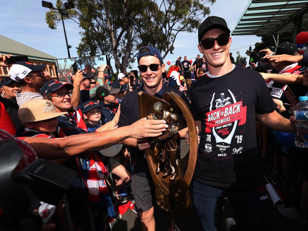 Roosters Luke Keary and Sam Verrills during the Sydney Roosters fan day outside the Hordern Pavilion, Sydney after the Roosters 2019 NRL Premiership win. Picture: Brett Costello