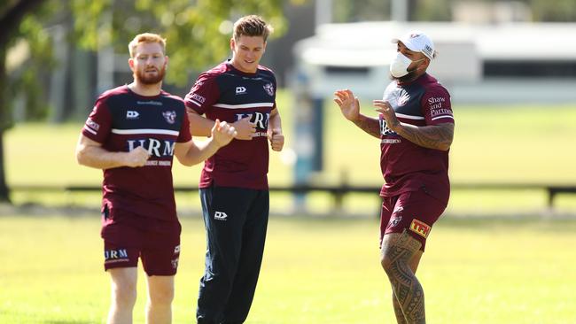 Manly's Addin Fonua-Blake wears a face mask during a Manly NRL media opportunity at the Sydney Academy of Sport, Narrabeen. Picture: Brett Costello