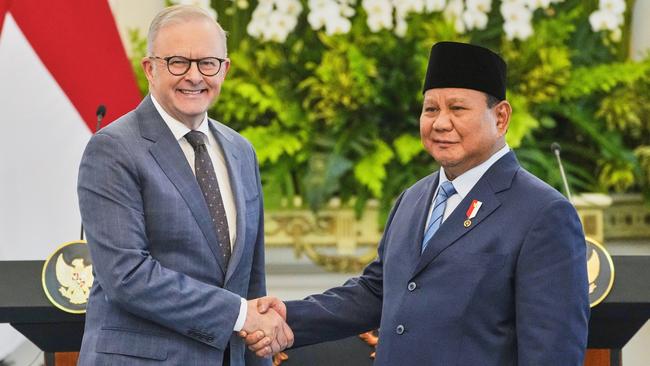 Anthony Albanese and Prabowo Subianto meet in May. Picture: AP