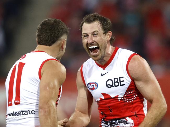 Sydney's Harry Cunningham celebrates a goal with Tom Papley during the Sir Doug Nicholls Round match between the Sydney Swans and Carlton Blues at the SCG on May 17, 2024. Photo by Phil Hillyard(Image Supplied for Editorial Use only - **NO ON SALES** - Â©Phil Hillyard )