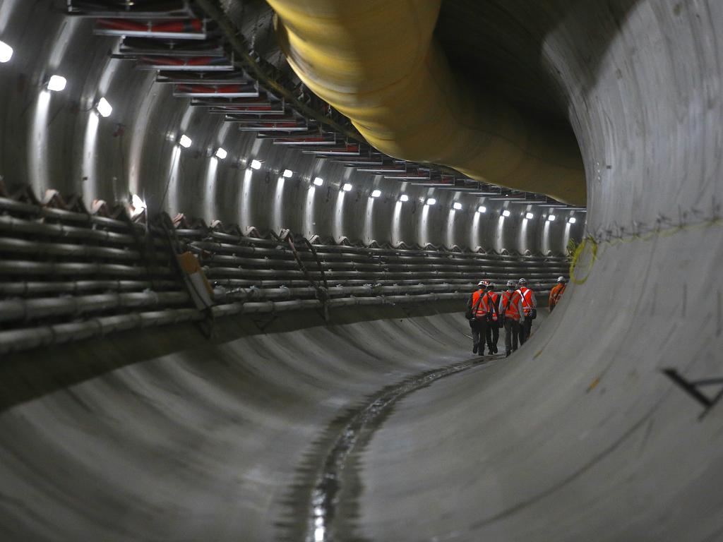 Underground in the North West Rail Link tunnel near Bella Vista. The North West Rail Link is underway and TBM Elizabeth has cut through 1092metres of earth travelling East from Bella Vista. Picture: Bradley Hunter