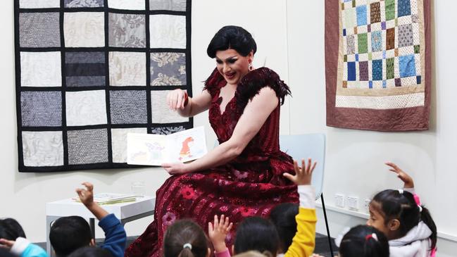 Drag queen Charisma Belle telling stories at Kogarah Library. Picture: Supplied