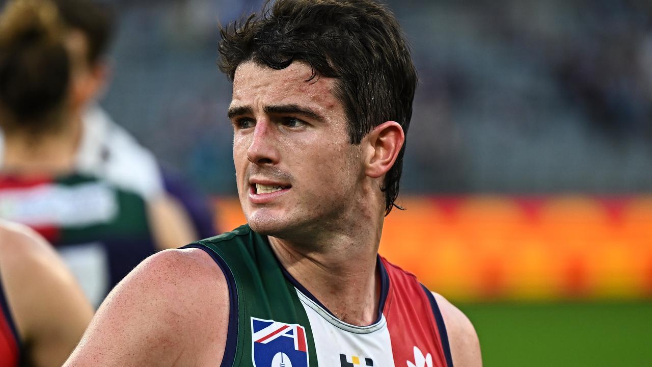 PERTH, AUSTRALIA - AUG 10: Andrew Brayshaw of the Dockers looks dejected after a loss during the 2024 AFL Round 22 match between the Fremantle Dockers and the Geelong Cats at Optus Stadium on August 10, 2024 in Perth, Australia. (Photo by Daniel Carson/AFL Photos via Getty Images)