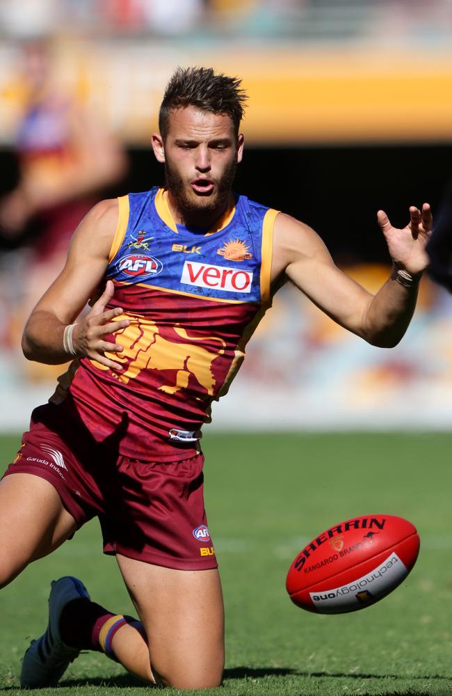 James Aish of the Lions in action against the West Coast Eagles. Picture: Darren England