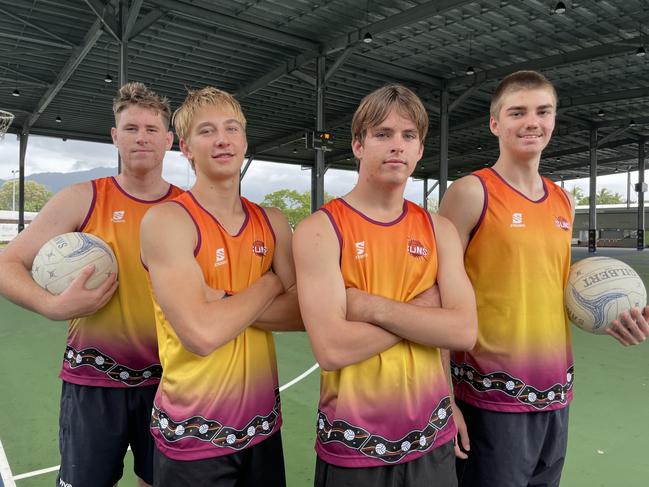 Queensland suns representatives Brock Adaway, Daniel Statton, Drew Roberts and Jed Cavanagh at Cairns Netball.