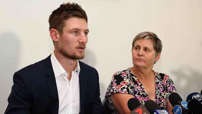 Cameron Bancroft addresses the media with WACA CEO Christina Matthews at the WACA.