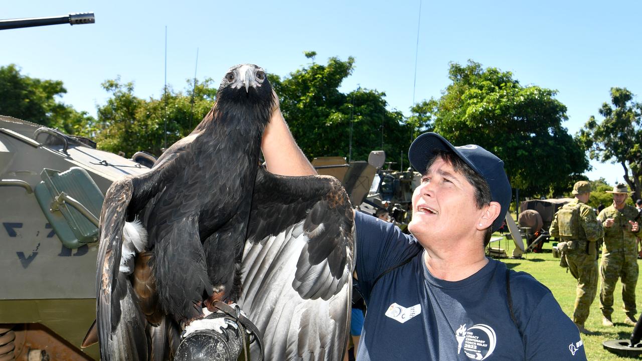 Legacy Centenary Torch Relay and community day at Jezzine Barracks. Christine Eves with Corporal Courage from 2nd Cav. Picture: Evan Morgan