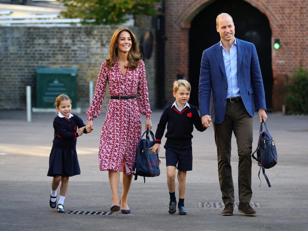 Princess Charlotte arrives for her first day of school, with her brother Prince George and her parents the Duke and Duchess of Cambridge, at Thomas's Battersea in London. Picture: Aaron Chown, Getty