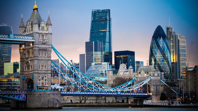 London skyline with Tower Bridge during sunset.