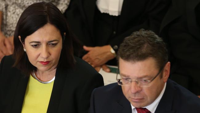 Annastacia Palaszczuk and Boy friend in right glasses red tie in the Red Chamer . Pic Annette Dew