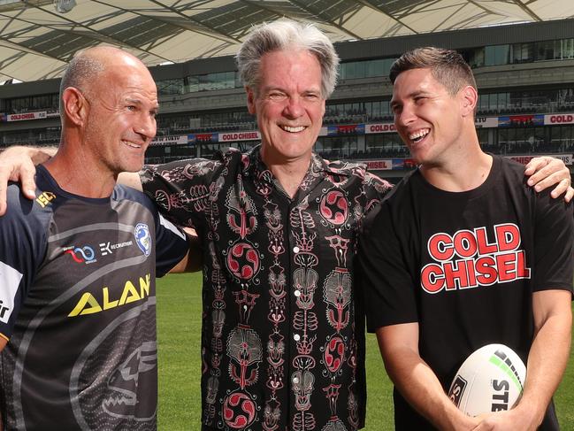 Pictured at Bankwest Stadium in Parramatta is Parramatta Eels coach Brad Arthur Cold Chisel band member Don Walker and Eels halfback Mitch Moses ahead of Cold Chisels concert at Bankwest on January 24 which will be the first ever concert at new stadium.Picture: Richard Dobson