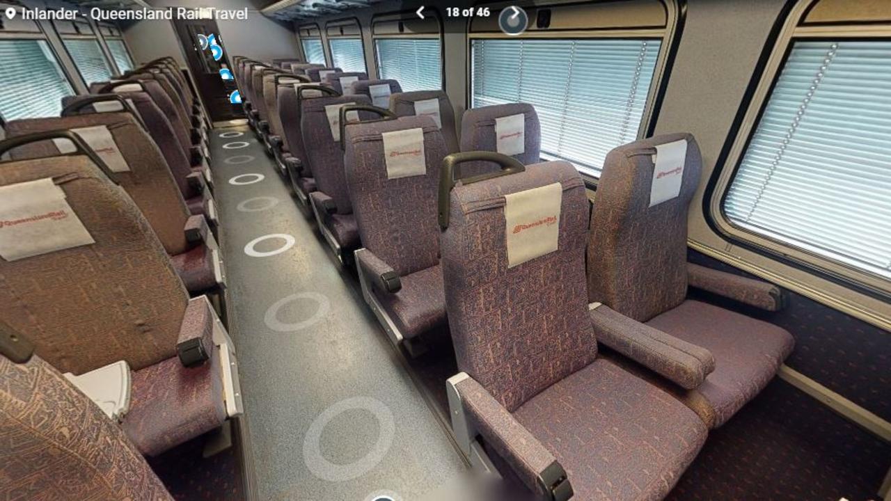 A virtual walk-through of the Inlander's three cars on QR's website. The Inlander consists of two economy seating cars and one 'lounge'. The train also hauls power and luggage carriages.