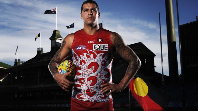 Lance Franklin in the indigenous guernsey the Swans will wear against North Melbourne on Friday night. Picture: Phil Hillyard