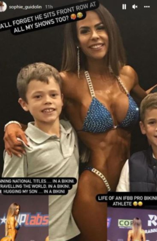 The mother-of-four, said her boys, now 14 and 15, grew up with her competing on stage, wearing a bikini. Picture: Instagram/sophie_guidolin