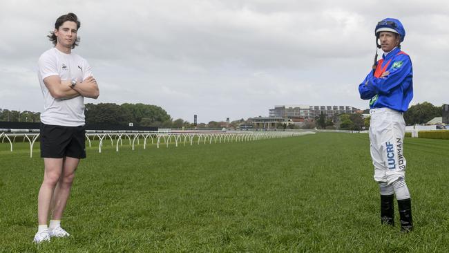 Olympic sprinter Rohan Browning with jockey Hugh Bowman. Rohan will race Everest starter Lost and Running as a preview to the race. Picture: Dan Gray