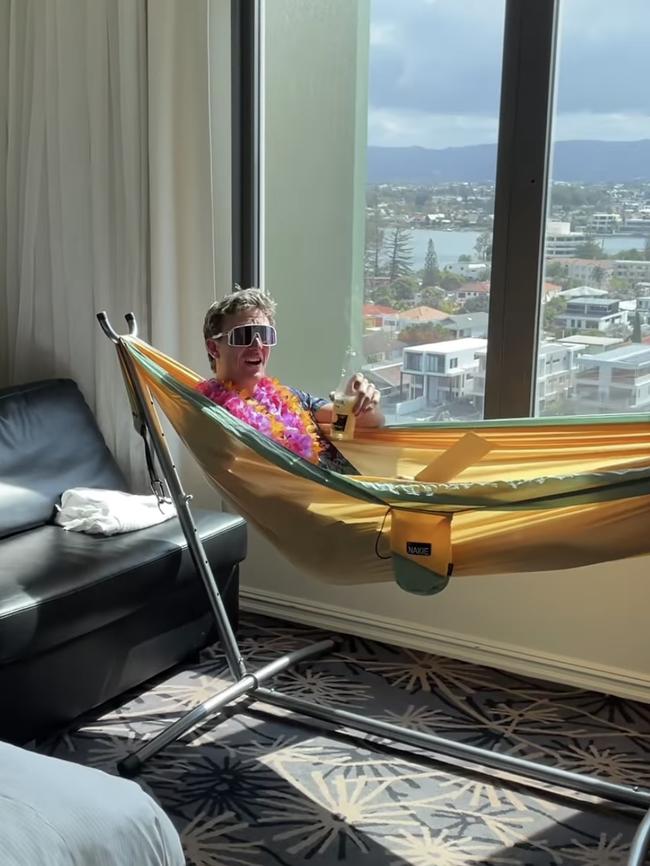 The Inspired Unemployed enjoying the Hammock Man’s gift while they complete hotel quarantine on the Gold Coast. Picture: Instagram