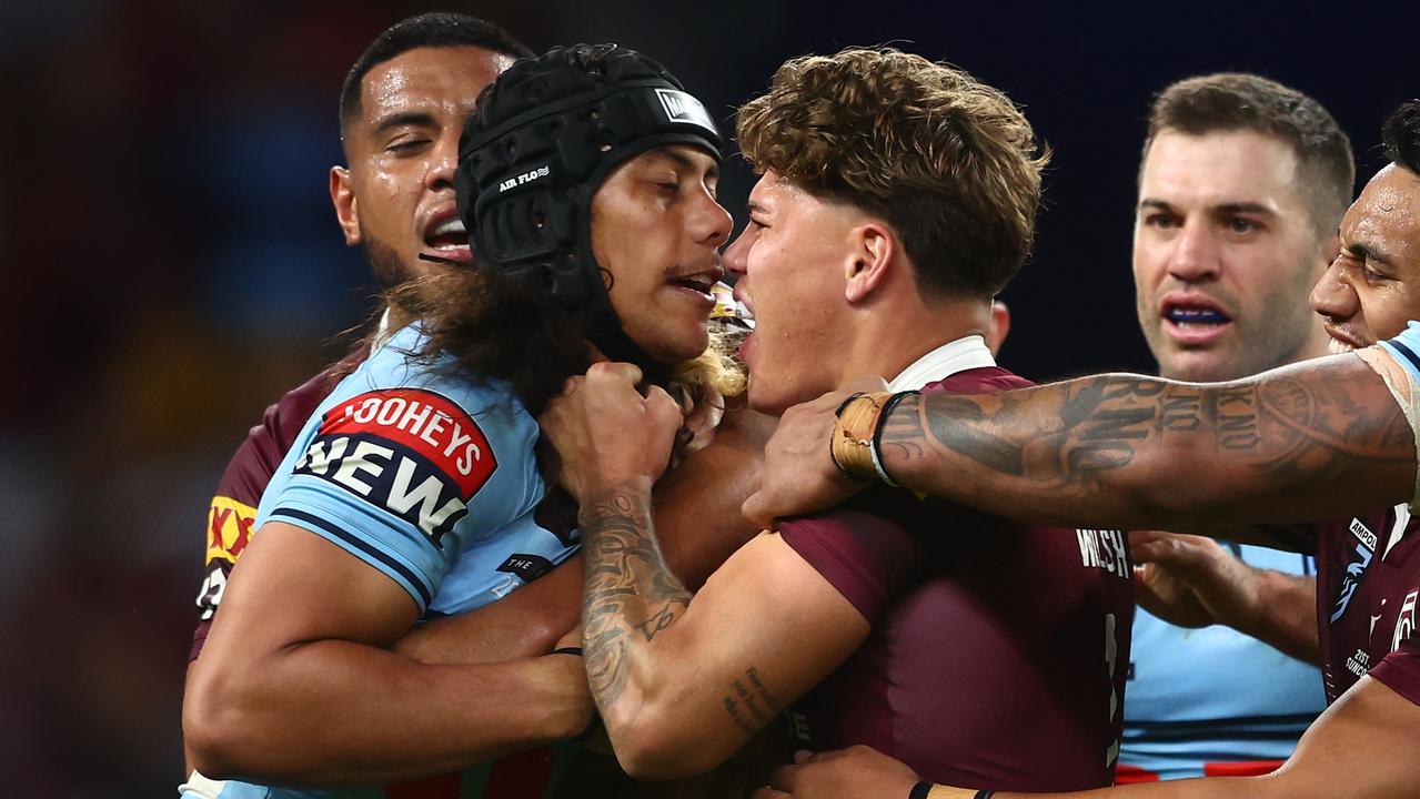 Jarome Luai and Reece Walsh scuffle. Picture: Chris Hyde/Getty Images