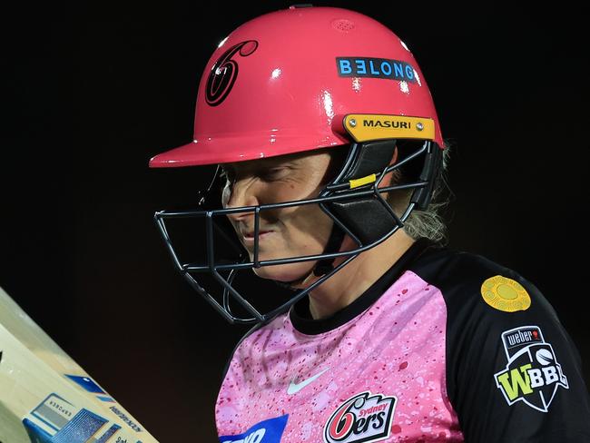 SYDNEY, AUSTRALIA - OCTOBER 19: Alyssa Healy of the Sixers comes off after being caught out by Annabel Sutherland of the Stars bowled by Sophie Day of the Stars during the WBBL match between Sydney Sixers and Melbourne Stars at North Sydney Oval, on October 19, 2023, in Sydney, Australia. (Photo by Mark Evans/Getty Images)