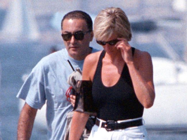 Diana, Princess of Wales, and her companion Dodi Fayed, walk on a pontoon in the French Riviera resort of St Tropez August. 22, 1997. Picture: AP