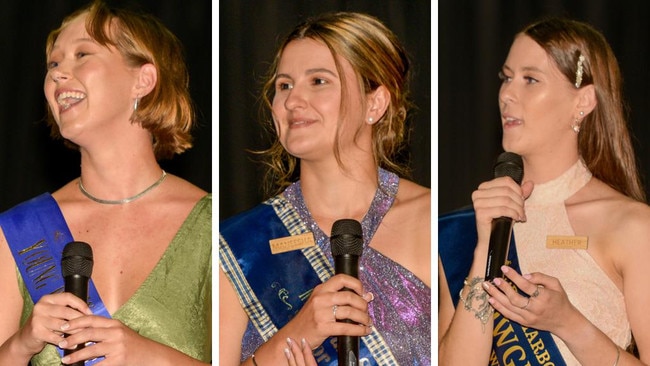 Bangalow finalist Neve Kelly, Maclean finalist Maneesha Davis and Coffs Harbour finalist Heather Orme answer questions during the NSW Young Woman 2022 regional competition in Lismore on Saturday.