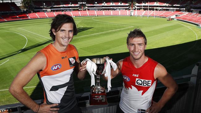 GWS co-captain Phil Davis and Sydney Swans co-captain Kieren Jack at Spotless Stadium ahead of Sydney Derby X. Picture. Phil Hillyard