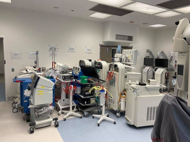 An empty operating room at the Royal Adelaide Hospital being used for storage. Picture: Craig Jurisevic.