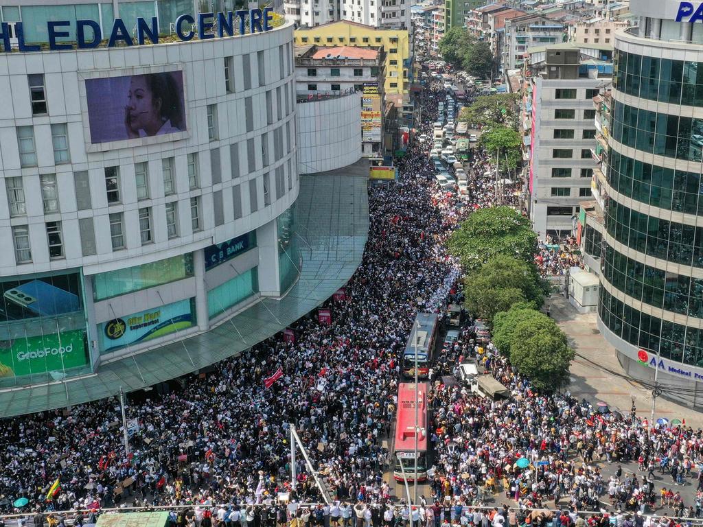 Demonstrators filled the streets of Yangon, Myanmar’s largest city, during a nationwide strike. Picture: STR / AFP