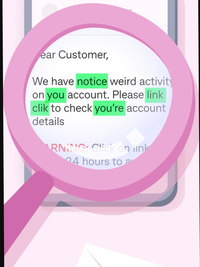 Kids need foundational literacy skills ((spelling, reading, writing, grammar, punctuation) to be able to spot scam telltales, as seen here in the Kit app’s tool Scam Detective. Picture: supplied