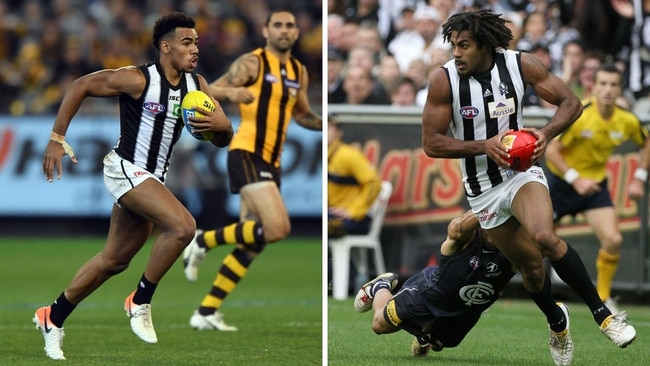 Isaac Quaynor in full flight for the Magpies last season, and (right) Heritier Lumumba during his time at the club.