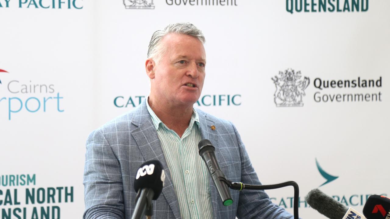 Tourism Minister Michael Healy announces the return of a seasonal return of Cathay Pacific to Cairns. Picture: Peter Carruthers