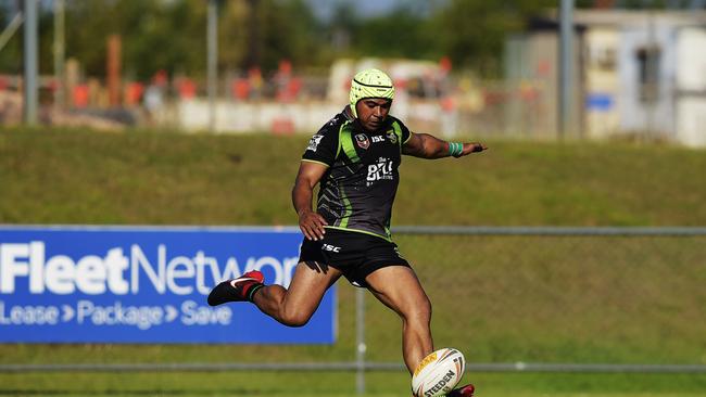 Palmerston Raiders player Will Smith gets boot to ball during Round 13 of NRL NT, Nightcliff Dragons vs. Palmerston Raiders at Rugby Park on Saturday, August 11, 2018 Picture: Keri Megelus