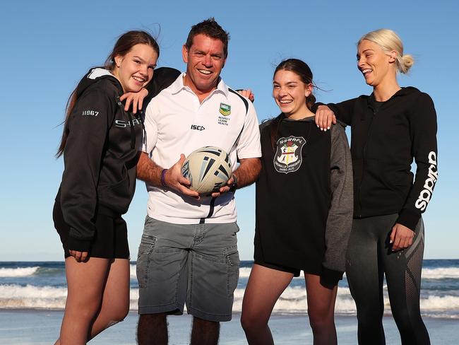 Brett Kimmorley with daughters Mia and Maddi and Jillaroo Allana Ferguson. Picture: Brett Costello