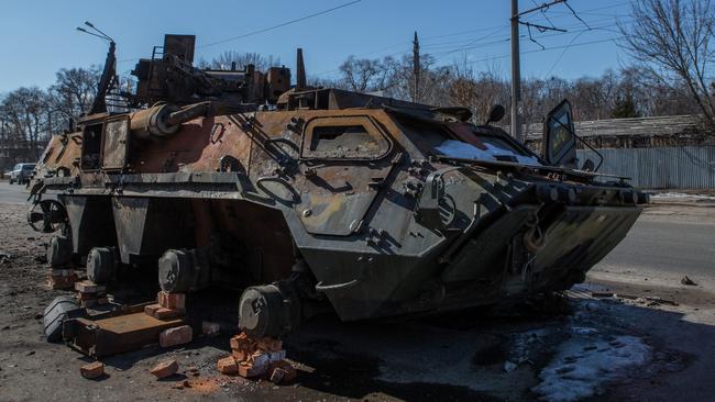 An armoured vehicle destroyed during the fighting between the Ukrainian army and Russian forces in Kharkiv, Ukraine. Photo: Andrea Carrubba