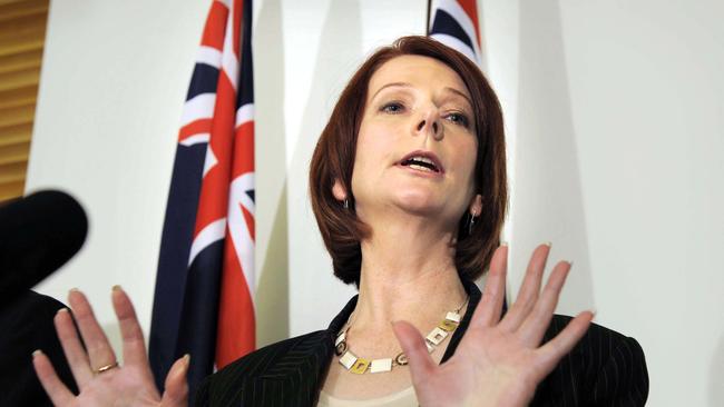 Prime minister-elect Gillard holds a press conference in the party room after taking the leadership.