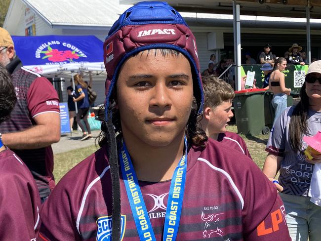 Jasiah Iaone after his under-14 GCDRU grand final win with the Nerang Bulls. Picture: Mitch Bourke.