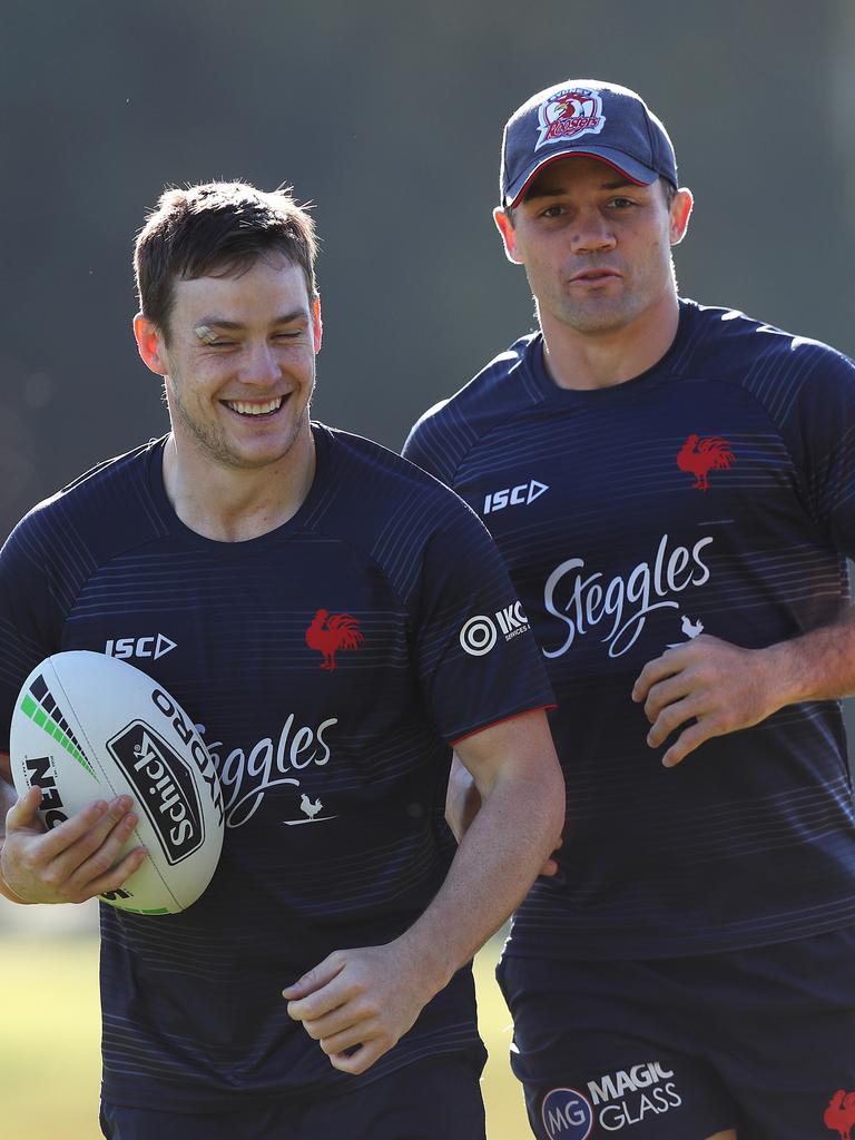 Luke Keary (L) and Cooper Cronk at Roosters training. Picture: Brett Costello