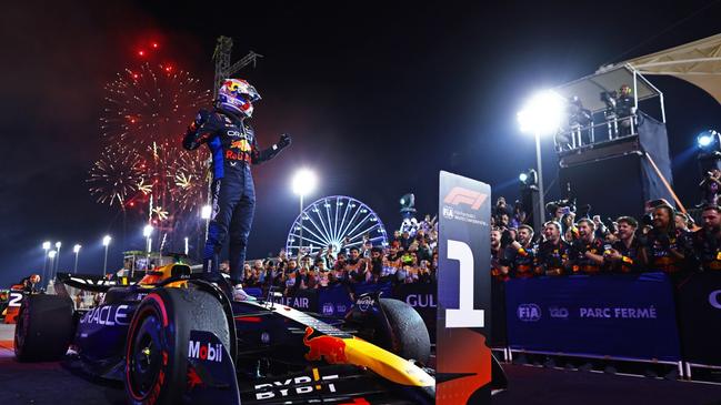 BAHRAIN, BAHRAIN - MARCH 02: Race winner Max Verstappen of the Netherlands and Oracle Red Bull Racing celebrates in parc ferme during the F1 Grand Prix of Bahrain at Bahrain International Circuit on March 02, 2024 in Bahrain, Bahrain. (Photo by Mark Thompson/Getty Images)