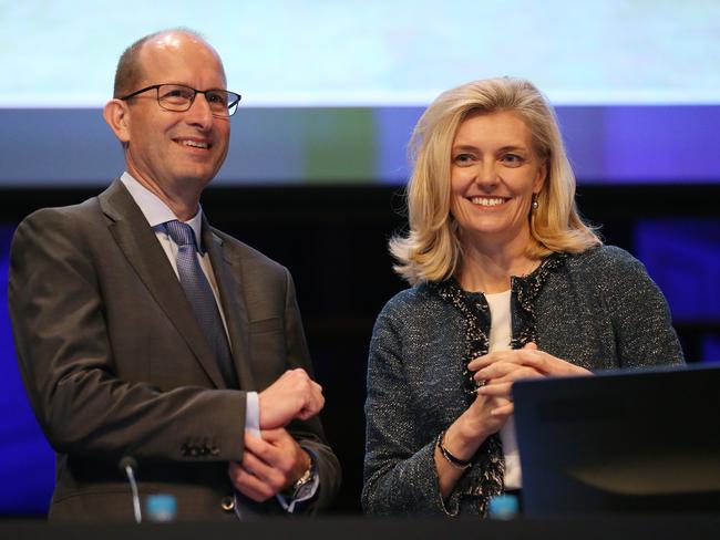 AMP CEO Craig Mellor stands on stage  with Chairman Catherine Brenner before their AGM in Sydney, Thursday, May 11, 2017. (AAP Image/David Moir) NO ARCHIVING