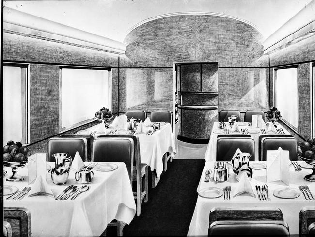 A dining cart on board the Spirit of Progress, the premier express train running from Melbourne. Public Record Office Victoria image citation: VPRS 12903-p1-BOX526-1